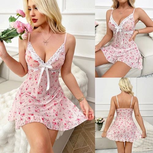 Sexy Spaghetti Strap Lingerie Womens Lace Skirt Sleepwear Deep-V Dress G-string - Picture 96 of 115