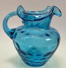 New England Glass Inverted Thumbprint Blue Pitcher w/Ribbed Handle
