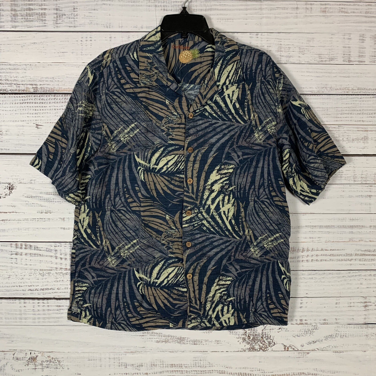 Men's Medium Blue Caribbean Loop Collar Hawaiian Shirt in Silk Rayon with Tree Palms Print