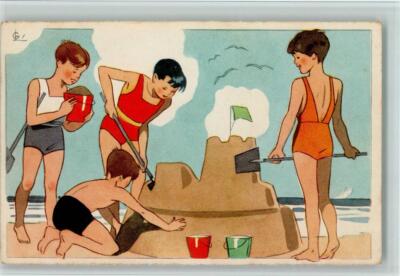 10523098 - Children build a sand castle, sign Georg Lang No. 9 postcard swimwear