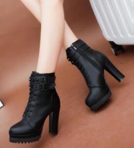 Details about   Women's Motorcycle Boots Chunky Heel Back Zip Booties British Style Flat Shoes 