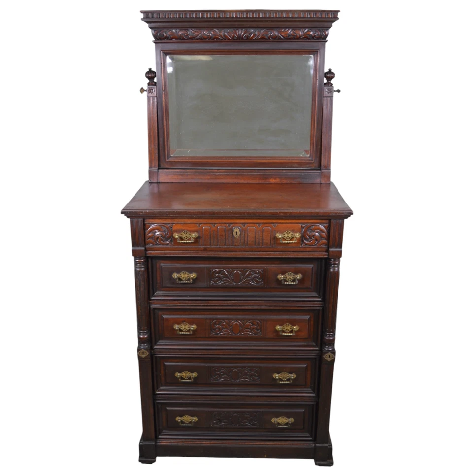 Antiguo cofre lateral victoriano muy tallado con cerradura de espejo - 5 cajones, #22209 Foto 2 de 4