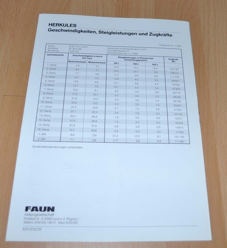 1987 Faun Herkules Ballast Tractor Datos técnicos Truck Brochure Folleto - Imagen 3 de 3