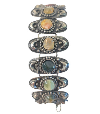 VTG Tribal Celestial Cabochon Link Bracelet Silvertone Gemstone NO Clasp Moon