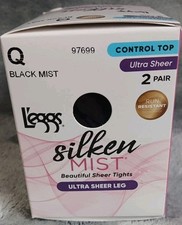 Leggs Silken Mist Tights Q Black Mist Control Top Ultra Sheer Run Resist 2 Pairs