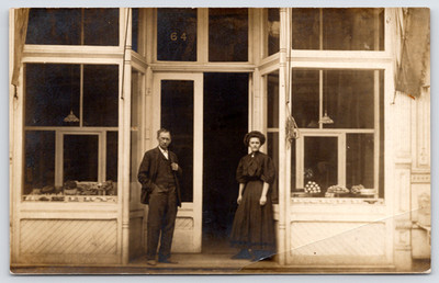 RPPC~Long Married Couple~Storefront Bread & Bun Bakery in Commercial District