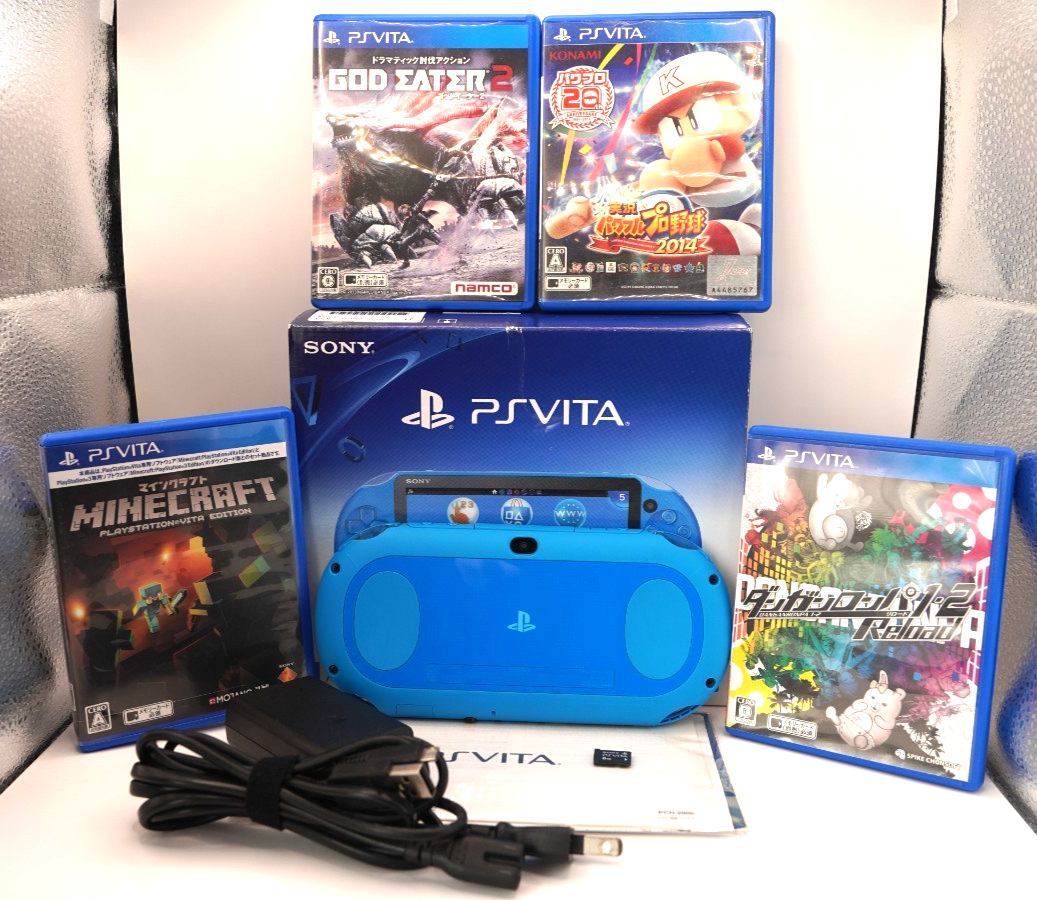 GOOD】PS Vita 2000 Blue Console 8GB Memory Card 4 Games Charger