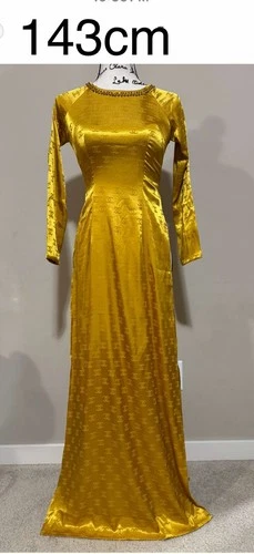Beautiful Vietnamese Ao dai Celine Gold w/ Beaded Trim Size: Asian S, Pre-Owned