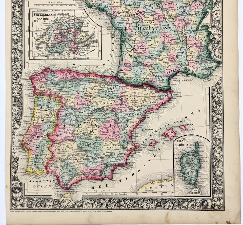 1864 FRANCE - SPAIN - PORTUGAL Map ORIGINAL (13.5X11) Corsica Paris Madrid - Image 3 of 4