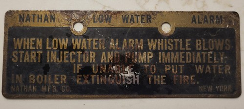 NATHAN MFG, INC Locomotive Train Boiler Alarm Instructions Metal Tag