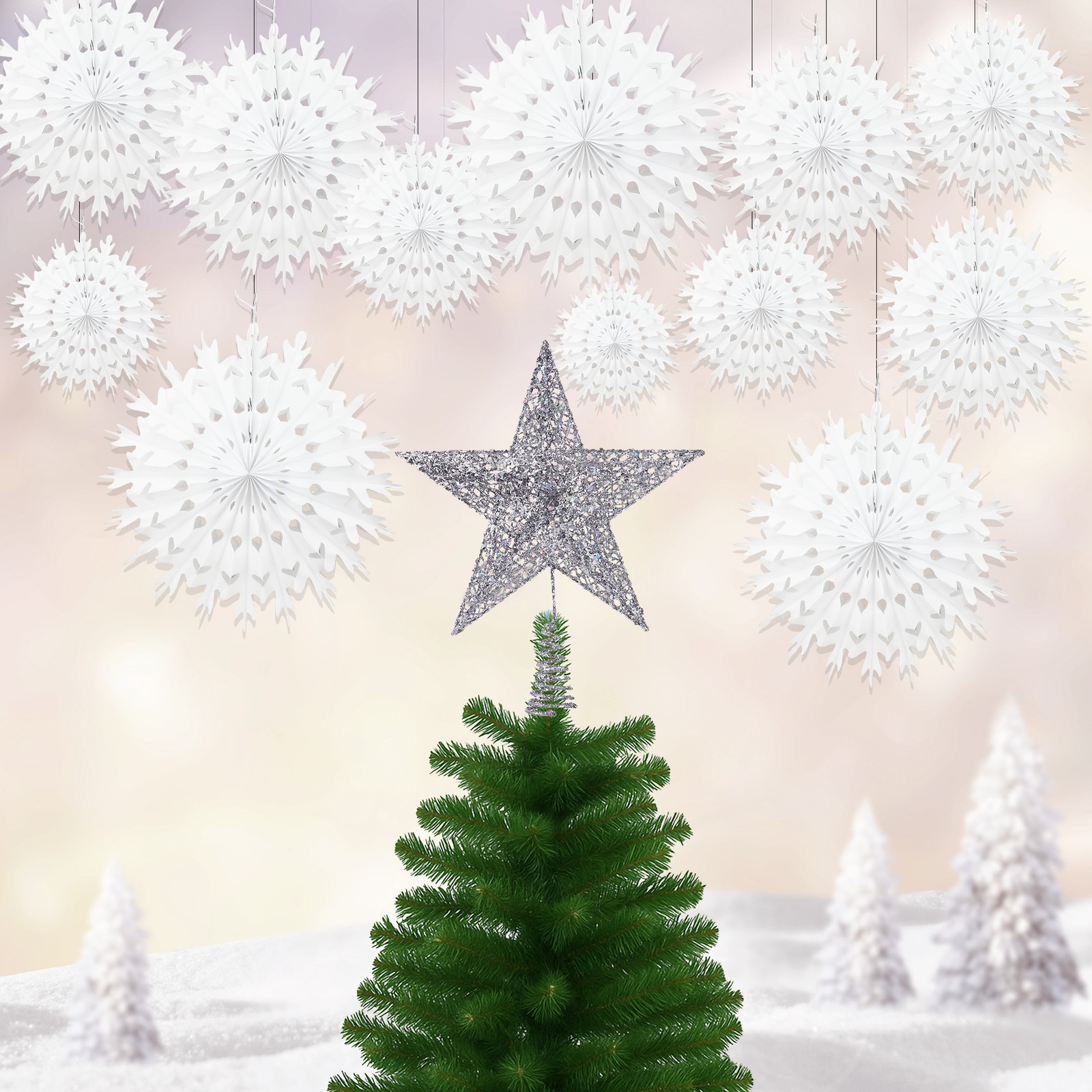 Time to Sparkle White Paper Fan Flower 12Mix Christmas Glitter Sequins Tree Star