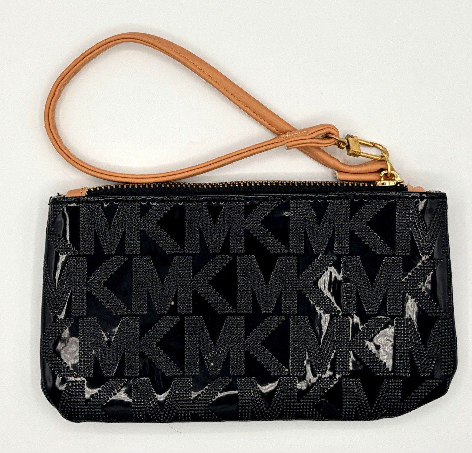 Michael Kors Women Signature Black Patent Leather & Gold Small Wristlet Wallet