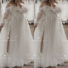 Plus Size Wedding Dresses with Slit Beach Boho Off Shoulder Tulle Bridal Gowns