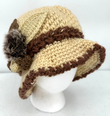 Women's Crochet Cloche Fleece Lined Winter Hat Faux Fur Flower Accent Ivory Knit