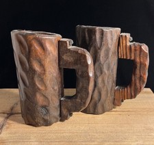2 Vintage Hand Carved Wood TankardsNailed Handle Stein Primitive Rustic Folk Art