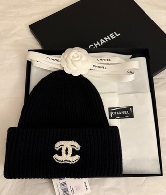 Chanel Black Cashmere Beanie Hat with White CC Logo 