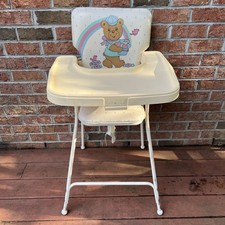 Vintage Graco Metal Vinyl Baby Highchair Clip On Tray Teddy Bear Hearts Folds