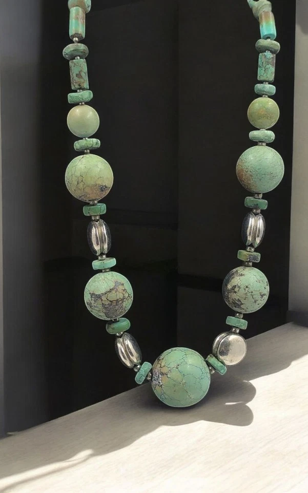 Antique Sterling Silver 925 and Large Matrixed Turquoise Bead Necklace Signed - Image 4 of 4