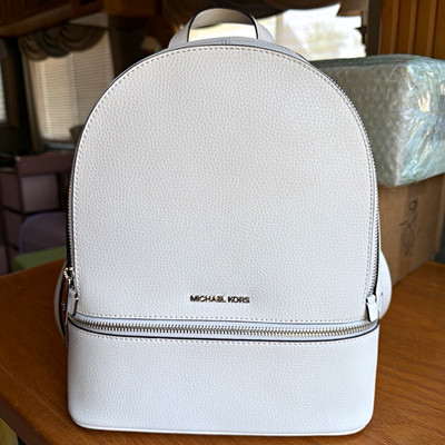 Michael Kors Optic White Medium Backpack Zip Top Silver HW Beige Lining Pockets