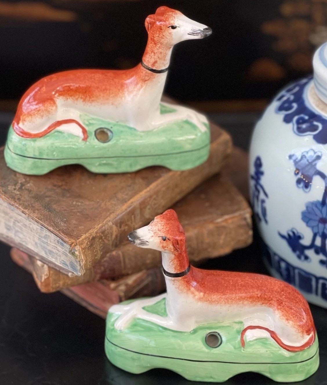 Rare Antique English Staffordshire Whippet Mantle Hunt Dog Pair Green Base 4.75”