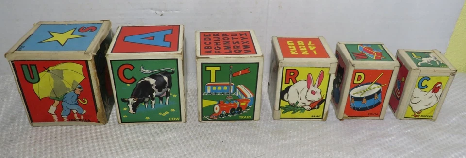 VINTAGE 1940's SET 6 CHILDRENS LITHOGRAPH CARDBOARD STACKING NESTING BLOCK SET - Image 4 of 4