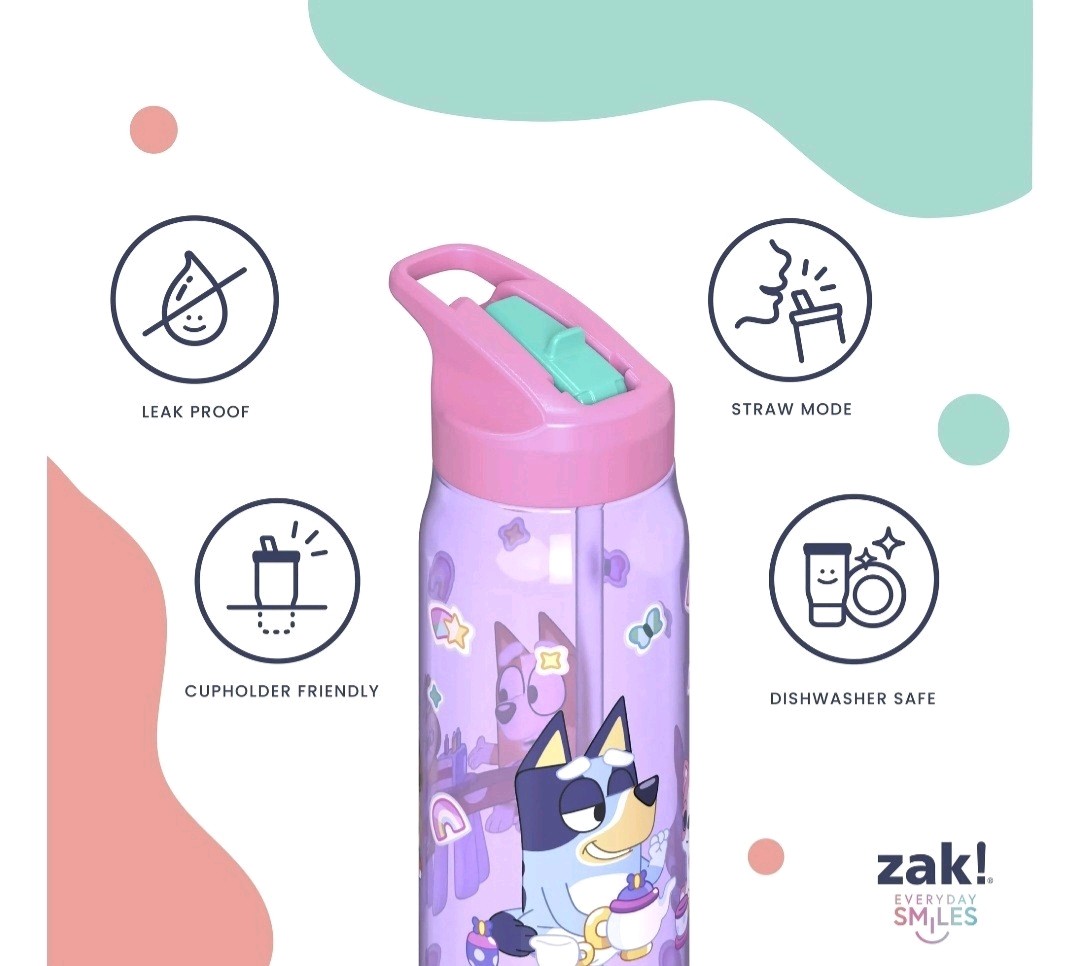 Bluey Kids Straw Water Bottle 20 oz Durable Plastic Zak Designs