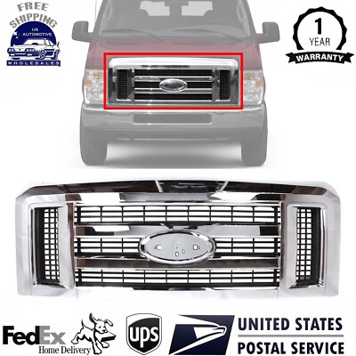 New Grille Assy Chrome/Gray For 2008-21 Ford E-350 Super Duty 08-14 E-250 E-150