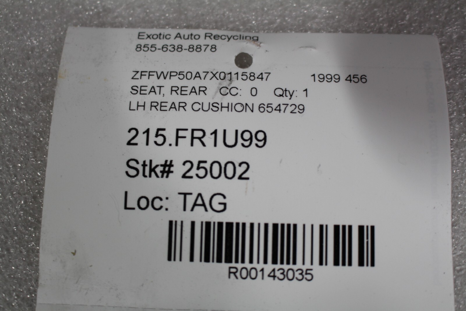 Ferrari 456, LH, Left, Rear Seat Cushion, Used, P/N 654729