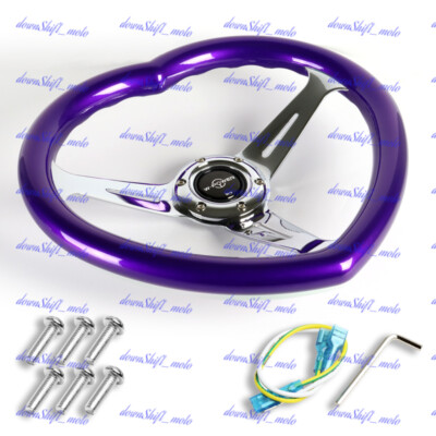 JDM Purple Heart Shaped Steering Wheel, ABS Grip, Pink, Steel, Chrome, 3-Spoke
