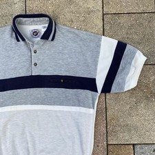 Vintage BOWLING POLO SHIRT Grey White Striped LD Sports Size MEDIUM Retro