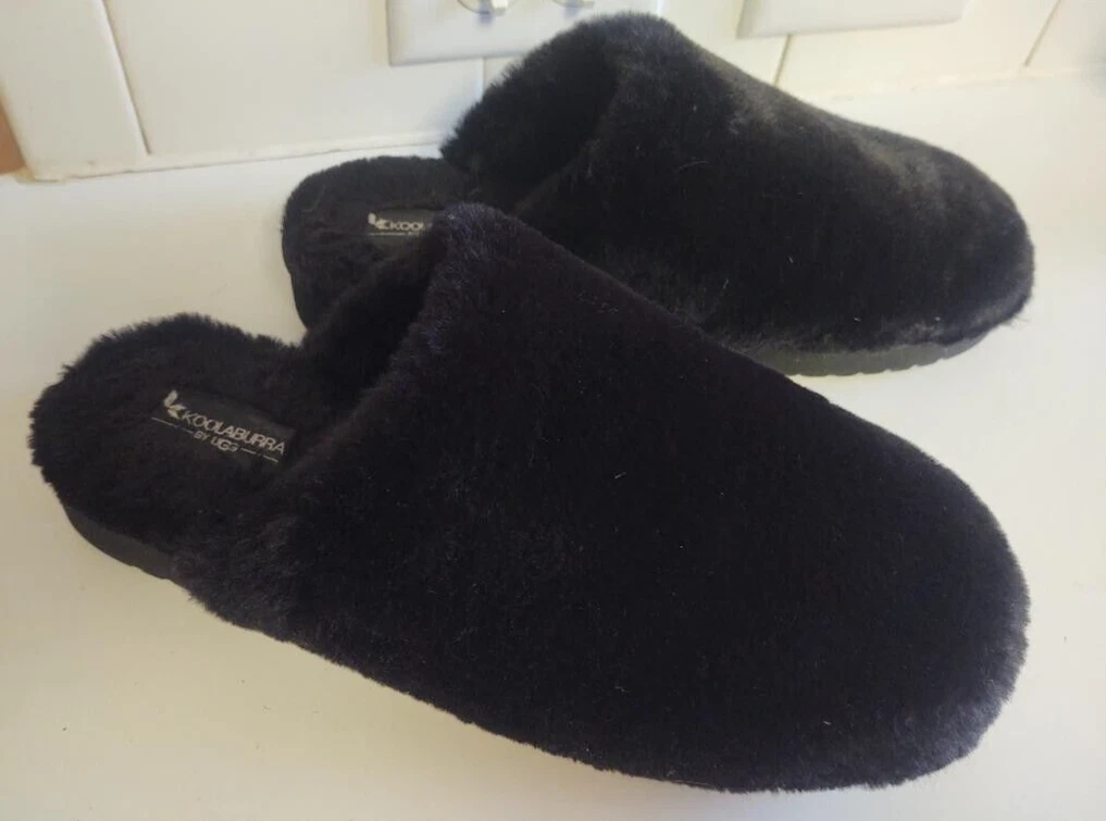 UGG Koolaburra POMI Pantofole Donna 10 Nero Pelliccia Ecopelliccia Slides Scarpe Casa