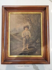 Antique Prang's Whittier's Barefoot Boy lithograph in 1800s Deep Frame