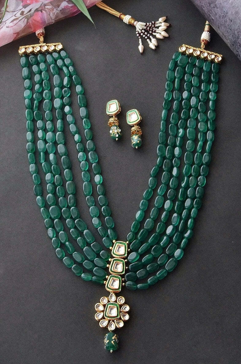 Bollywood Style Long Kundan Green Beads Mala Necklace Wedding Indian Jewelry Set