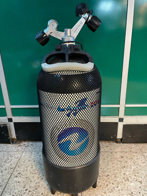 Aqualung Tauchflasche 15 Liter TAG Ventil + Netz + Scubapro Tragegriff+Standfuß