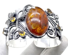 925 Sterling Silver Baltic Amber & Citrine Gemstone Jewelry Cuff Bracelet Sz-ADJ