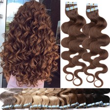 150g Full Head Thick Remy Tape In Human Hair Extensions Skin Weft Wavy Brown US