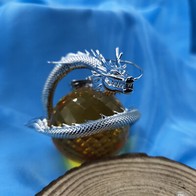 Chinese Dragon With Orange Yellow Citrine Earth In 925 Sterling