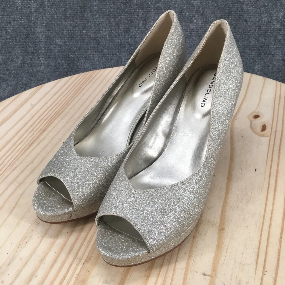 Bandolino 高跟鞋女式 7 米 Brayden 一脚蹬露趾珠光厚底高跟鞋银色 — 第 3/4 张图片