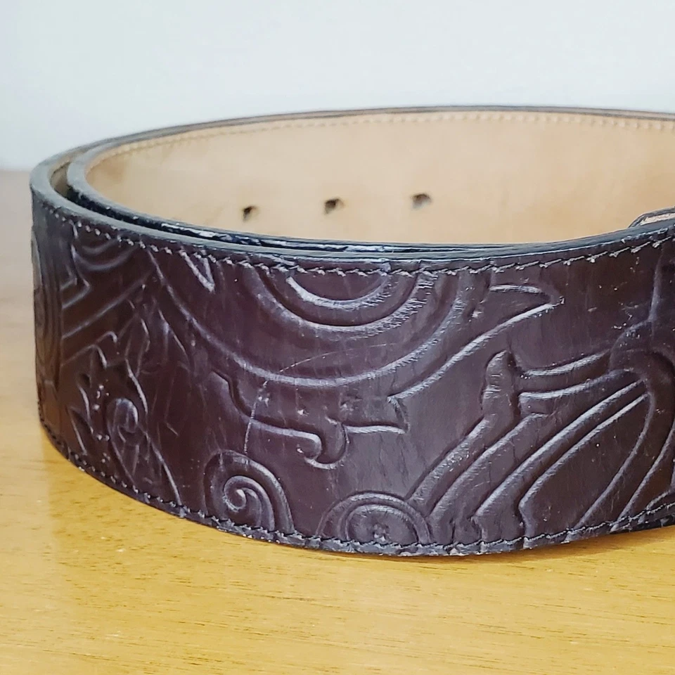 ETRO Womens Black Leather Tooled Belt Paisley Chunky Unique Belts BOHO 80/32 - Image 2 of 4