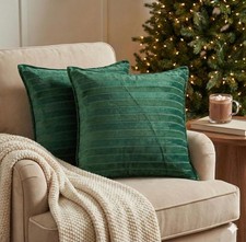 Velvet Throw Pillow Covers, Green Striped Textured Design, 18x18 Inches, 2 Pack