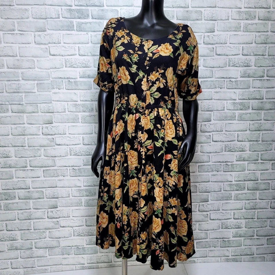Vintage 90s Together! 6 Black Yellow Floral Midi Cottagecore Prairie Grunge - Image 2 of 4