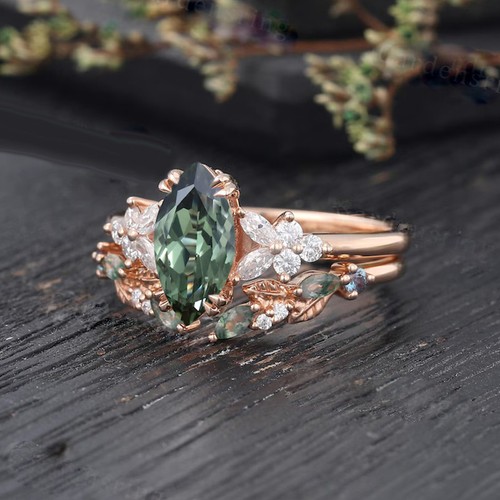 2.45 Ct Green Marquise Diamond Engagement Wedding Ring Set 14k Rose Gold Finish - Picture 4 of 7