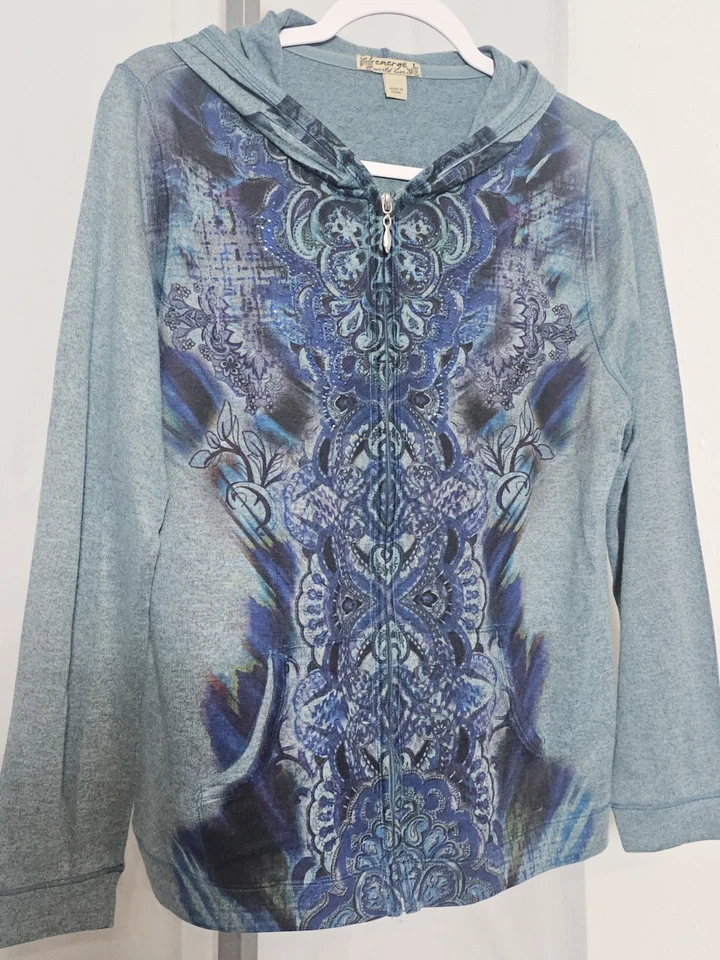 Женская толстовка с капюшоном One World Live and Let Live размер L бирюзовая на молнии с украшениями - Изображение 4 из 4