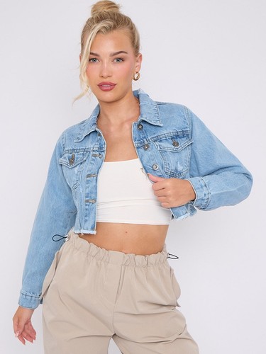 Womens Denim Jacket with Pockets Jeans Crop Jackets Size 6 8 10 12 Distressed - Picture 9 of 13