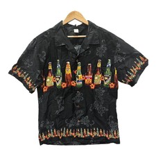 Hawaiian Beer Print Button Up Shirt Mens Large Black Aloha Maui Novelty Camp
