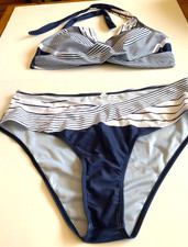 Bikini Navy  White Striped Print Halter Neck Size 2XL - 16/18 New no Tag