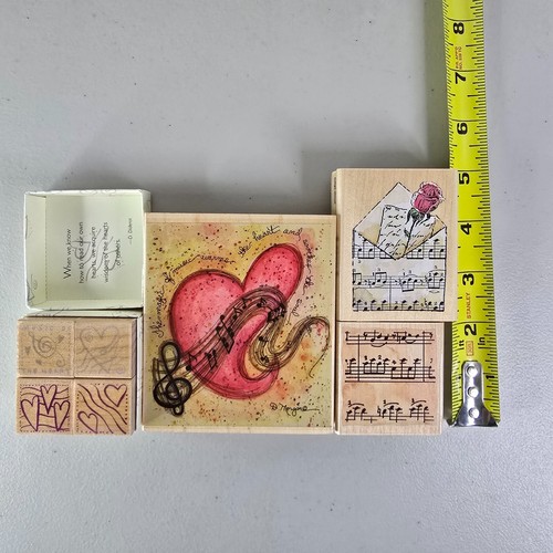 7 Wood Rubber Stamps Music of the Heart Magic of Music Sheet Rose Valentines - Picture 2 of 7