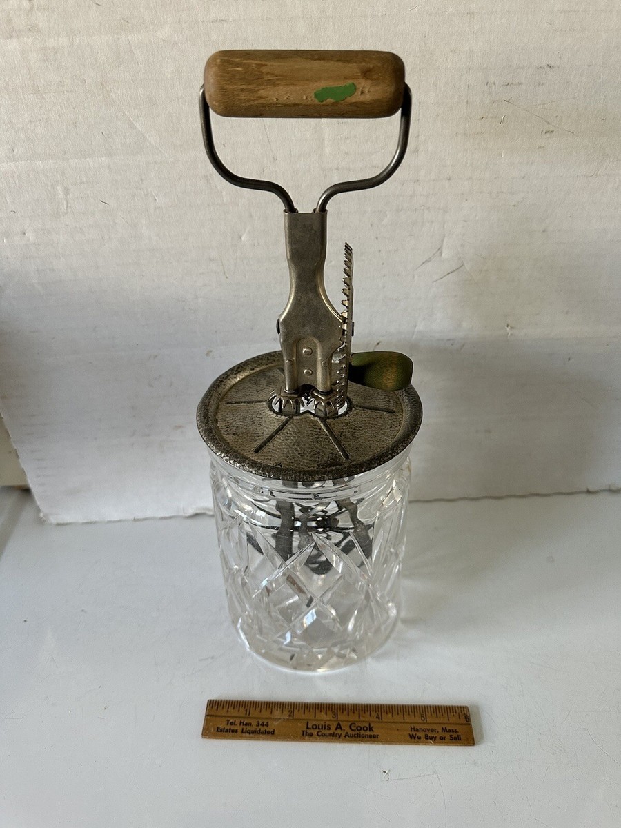 Antique A&J Hand Mixer Egg Beater Churn with Pressed Pattern Glass Jar Base