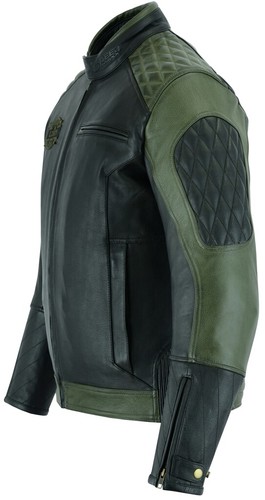 MENS BLACK / GREEN MOTORBIKE / MOTORCYCLE GENUINE PREMIUM COWHIDE LEATHER JACKET - Picture 5 of 6