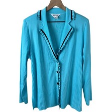 Exclusively Misook Womens Blue Black Button Front Knit Collared Blazer Large